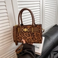 Chic leopard print small square bag with brown leather handles and gold heart hardware - Leopard Print