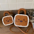 Bruine suède pluche handtas met witte lamswol trim en schattig cartoon borduursel - Bruin Groot