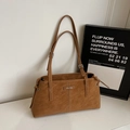 Brown vintage faux suede tote bag with double shoulder straps and white stitching detail - Brown No Pendant