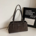Retro dark brown large tote bag in textured leather with white contrast stitching - Coffee No Charm
