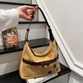 Camel suede shoulder bag with dark brown straps and star patches in a retro design - Khaki (No Pendant)