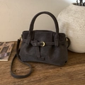 Chic charcoal grey faux suede tote bag with top handle and gold buckle detail - Ebony