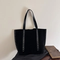 Vintage black suede tote bag with silver rivets and dual shoulder straps in a minimalist style - Black