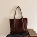 Large dark brown suede tote bag with silver studs and a wide shoulder strap for women - Brown