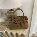 Vintage brown suede tote bag with decorative buckle and dual handles for women - Brown