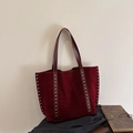 Large burgundy suede tote bag with silver studs and spacious interior for daily commute - Burgundy