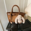 Vintage brown leather and suede bucket bag with a cute grey rabbit fur keychain - Suede Brown With Pendant