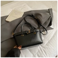 Classic black faux leather trapezoid handbag with gold hardware and removable shoulder strap - Black without Pendant