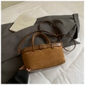 Vintage brown suede handbag with dark leather trim and retro gold metal buckle design - Suede Coffee Without Pendant