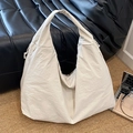 Minimalist off-white oversized nylon tote bag with drawstring detail and texture - Beige