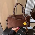 Dark brown retro boston bag in suede and smooth leather with plush pompom charms - Coffee with Pendant