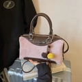 Vintage dark brown and purple patchwork boston bag with stylish bow and pompom charm - Pink with Pendant