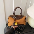 Vintage Boston bag in yellow suede and brown leather with a cute fur ball charm - Brown with Pendant