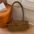 Brown faux suede vintage square underarm bag with silver hardware and double long handles - Brown