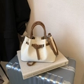 Elegant cream pleated bucket bag with brown handles and adjustable crossbody strap - White Without Pendant