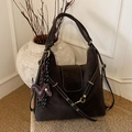 Retro dark coffee brown crossbody bag with contrast stitching and puppy leather charm - With Charm / Coffee