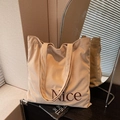 Grand sac cabas en velours côtelé beige avec broderie Nice pour le travail quotidien - Blanc Cassé