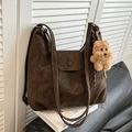 Vintage brown PU leather shoulder tote bag with a cute plush bear pendant accessory - Coffee with Pendant