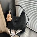 Large black vintage Hobo shoulder bag with leather texture and cute dog pendant - Black with Pendant