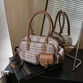 Vintage Karomuster Bowlingtasche in Grau und Braun mit verstellbarem Umhängegurt - Braun
