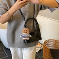 Glossy black half-moon dumpling bag with cute plush teddy bear charm accessory - Black (With Charm)