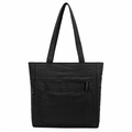 Close-up of black nylon tote bag with front zipper pocket and fine textured fabric - Black
