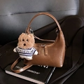 Vintage dark brown leather hobo bag with a cute puppy charm and adjustable strap - Brown (With Pendant)