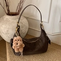Dark brown suede crescent bag with golden metal rings and cute puppy pendant accessory - Coffee with Pendant