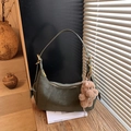 Olive green hobo shoulder bag in matte leather with a cute plush dog charm - Green with Pendant