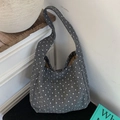 Dark grey wool tote bag with white polka dots and thick soft texture for women - Gray