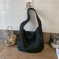 Minimalist black polka dot canvas tote bag with retro aesthetic and large capacity - Black