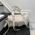 Chic cream white motorcycle tote bag with rivet details and adjustable shoulder strap - White