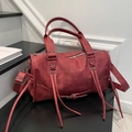 Vintage burgundy motorcycle boston bag with tassel fringe and silver rivet details - Red