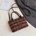 Bolso cubo de cuadros marrones con ositos y asas dobles de estilo retro universitario - Marrón Sin Colgante