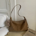 Retro dark brown large capacity Hobo bag with plush cat charm and gold buckle - Brown with Pendant