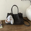 Dark gray suede tote bag featuring a cute plush bunny charm and adjustable strap - Ebony (With Pendant)