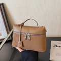 Brown lychee grain PU leather crossbody bag with silver zippers and top handle - Brown