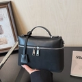 Minimalist black synthetic leather crossbody bag with silver double zipper and top handle - Black