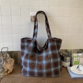 Borsa tote vintage a quadri blu e marroni con ricamo elegante in tessuto di lana - Blu