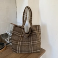 Borsa tote vintage a quadri marroni con ricami e ampia capacità per ogni giorno - Marrone