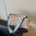 Beige square crossbody bag with wide jacquard strap and multi-layer zipper pockets - Gray