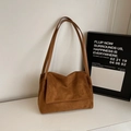 French retro shoulder bag in dark brown suede with double leather straps and flap closure - No Pendant / Brown