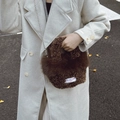 Brown faux shearling handbag with long fur trim and bead chain strap for winter style - Brown