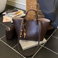 Dark brown large tote bag set with matching pouch and tassel charm in vintage leather style - Coffee with Pendant