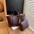 Retro burgundy leather tote bag set with beaded charm and matching zipper pouch - Reddish Brown With Pendant