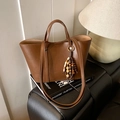 Dark brown matte leather tote bag with vintage wooden bead tassel and shoulder strap - Brown with Pendant