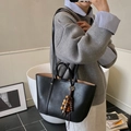 Black vintage soft leather tote bag with wooden bead charm and long shoulder straps - Black with Pendant