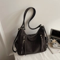 Detail of dark brown leather backpack with vertical metal zippers and soft litchi texture - Black without Pendant