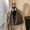 French vintage dark brown suede tote bag with white contrast stitching and hobo silhouette - Deep Coffee (Without Charm)
