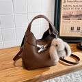 Brown litchi grain leather bucket bag with silver clasp and plush rabbit charm - Coffee with Pendant